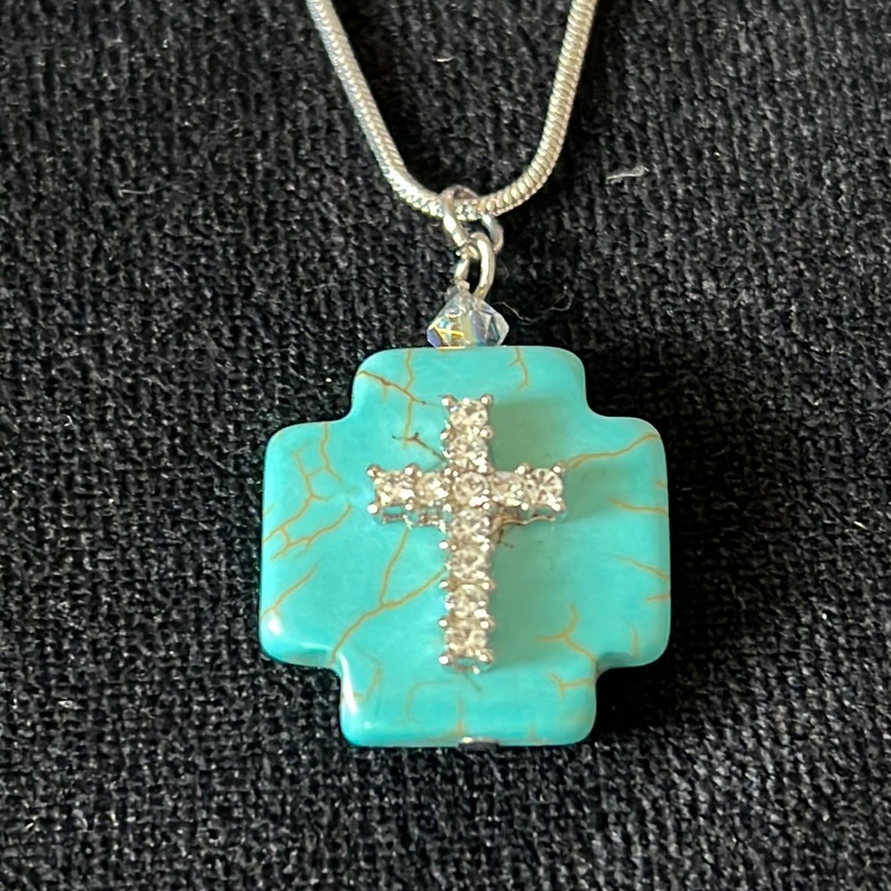 Silver turquoise stone hand crafted cross necklace